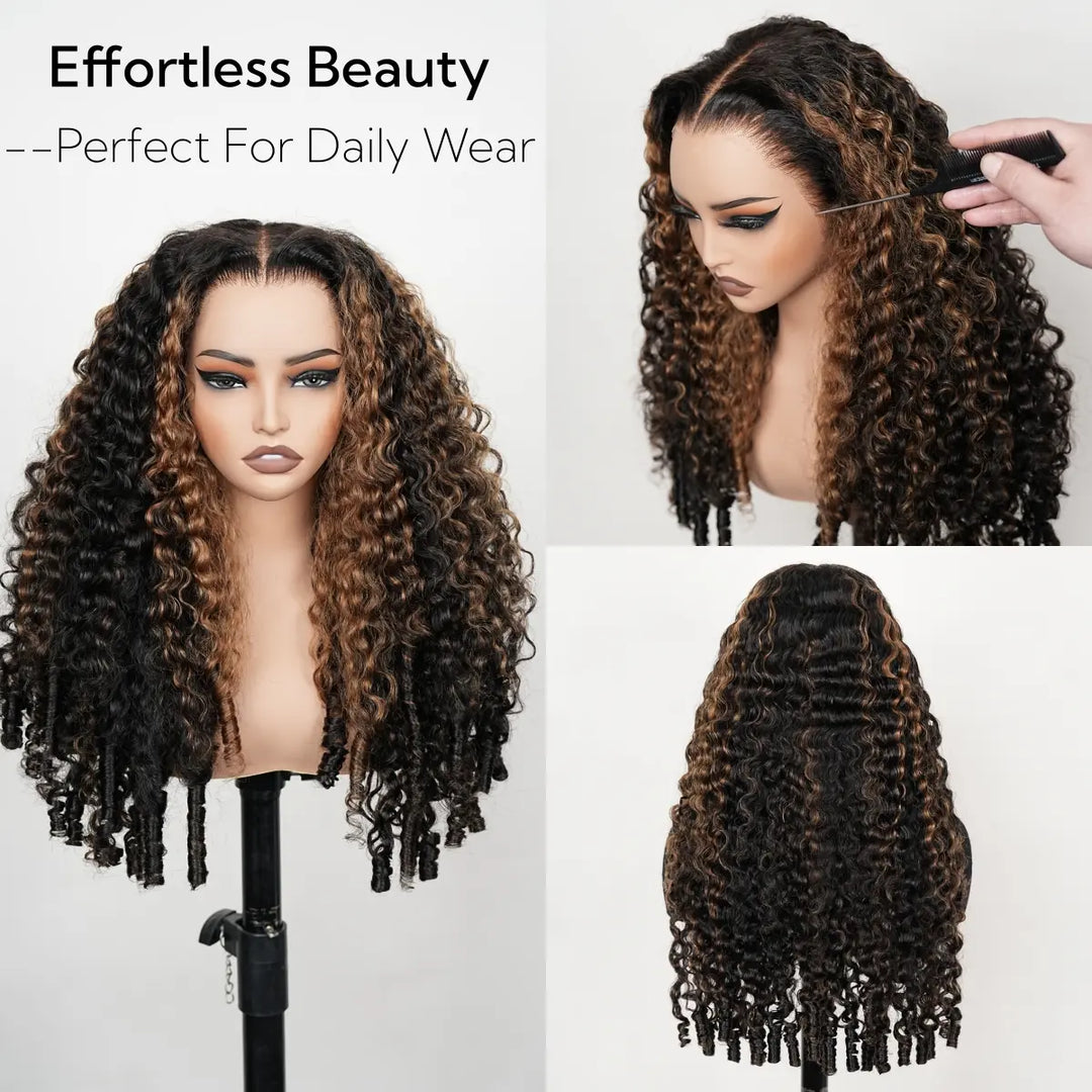 Bangjazz 13x6 Burmese Curly Ready To Wear Highlight Lace Front Wigs Human Hair for Beginners Pre Bleached 200 Density Drawstring Wig With Finger Coil Ends Pre Cut Lace For Women