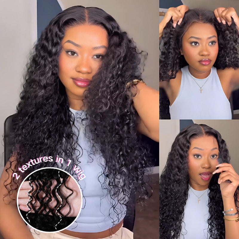 Glueless Water Wave & Curly Natural Black Bouncy 13x4 Lace Frontal Transprent Lace Wig Beginner Friendly