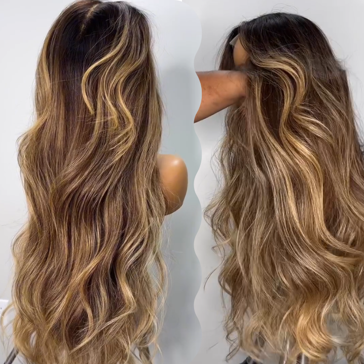 Bangjazz Highlight Honey Blonde Mix Brown Loose Wave Glueless 13x4 HD Transparent Pre Everything Lace Front Human Wigs