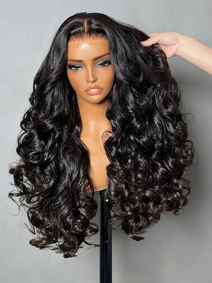 Double Drawn 3D Loose Wave Raw Human Hair Transparent Full Lace Front Glueless Wig with Curtain Bangs