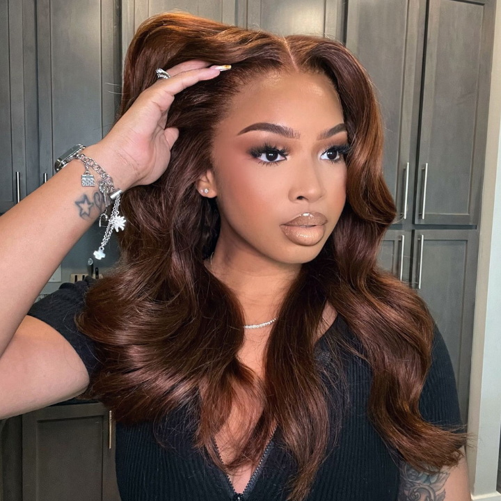 Chestnut Brown Loose Wave Human Hair Wigs with Curtain Bangs Glueless Lace Front Colored Wig - Bangjazz Hair