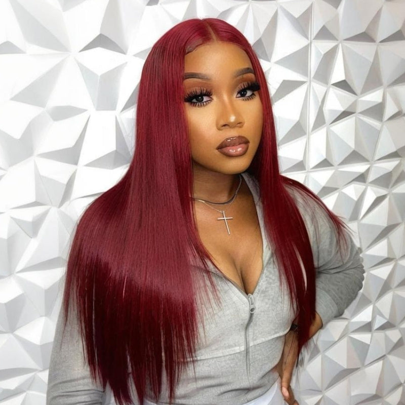 Straight Glueless 7x5 / 13x4 Lace Front Wig Pre Everything 99J Burgundy Red Colored Transparent Lace Human Hair Wigs- Bangjazz Hair