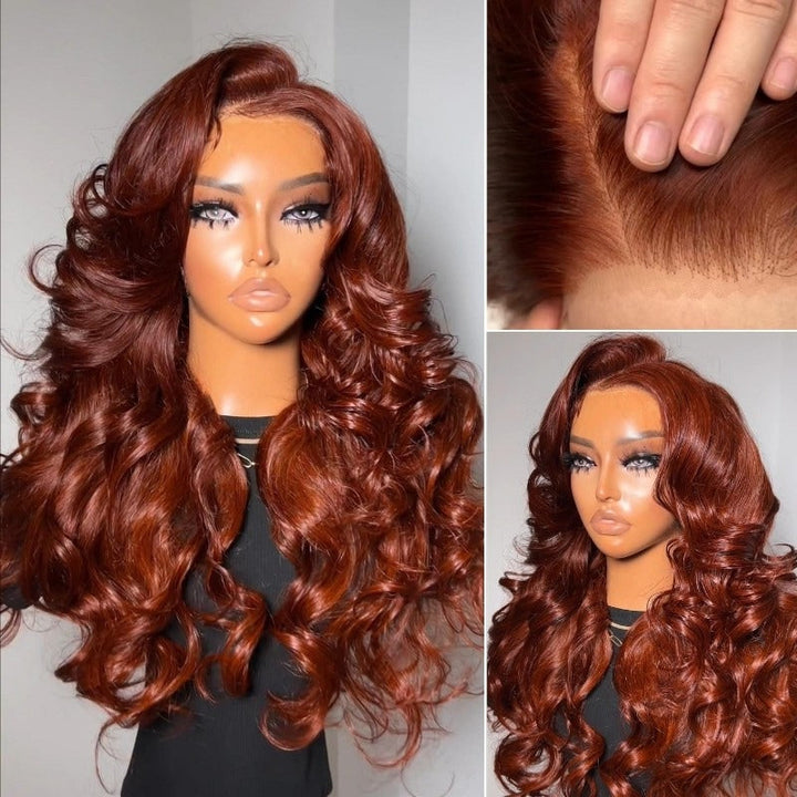 7x5 Lace Pre-styled Reddish Brown Body Wave Glueless Wig HD Transparent Lace Frontal Wig