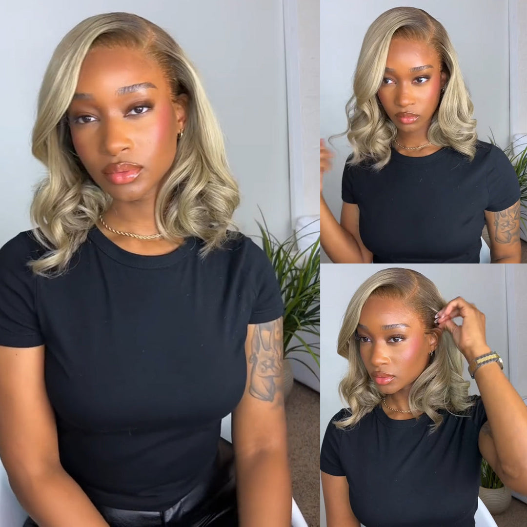 Ombre Ash Blonde Straight Short Bob 180% Density Transparent Lace Frontal Glueless Wigs -Bangjazz Hair