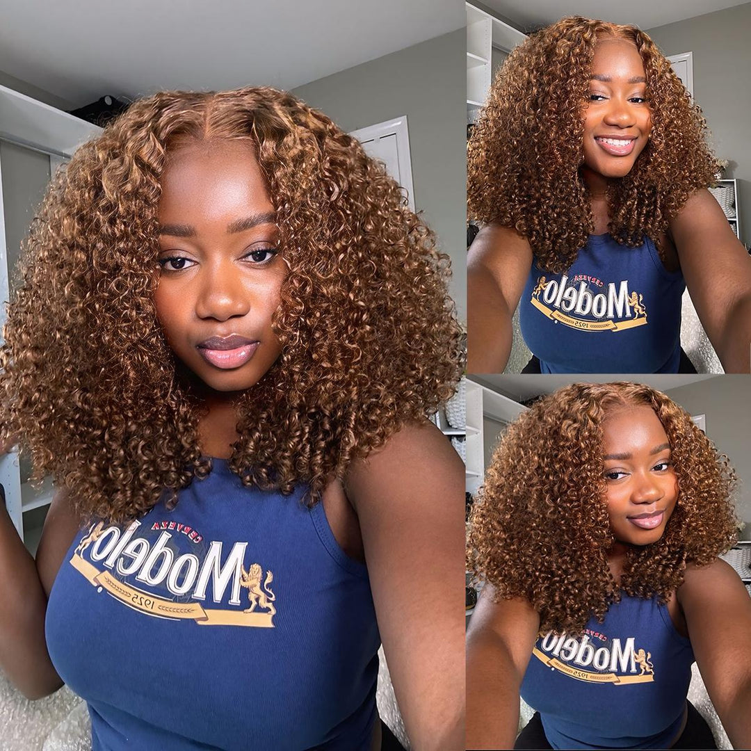 BANGJAZZ Short Kinky Curly Ready to Wear Glueless Wigs Pre Cut Lace Bleached Konts Closure Wigs Human Hair Wig 200% Density Lace Front Wigs Pre Plucked For Women