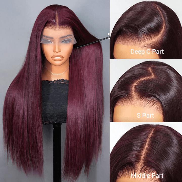 Straight 7x5 / 13x4 Lace Frontal Glueless Dark Purple Cherry Burgundy Wig Invisi Drawstring Human Hair Wigs-Bangjazz Hair