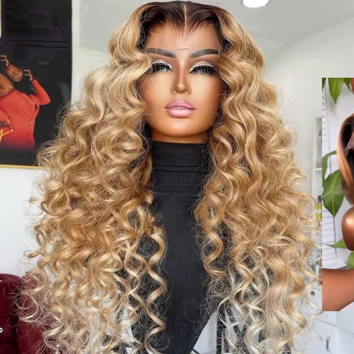 Glueless Ombre Honey Blonde Colored Deep Wave Transparent 180% Density 13x4 Lace Front Human Hair Wigs Human Hair Wigs for Women-Bangjazz Hair