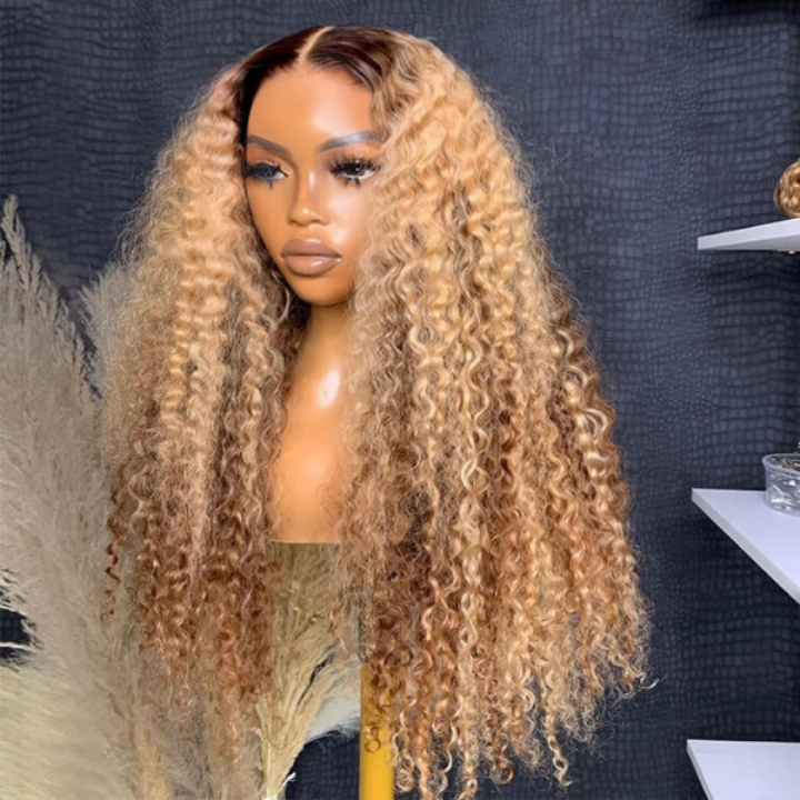 Highlight Color Honey Blonde Curly HD Transparent Full Lace Front Wig With Brown Roots- Bangjazz Hair