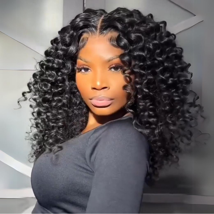 Super Bouncy Deep Curly Glueless Lace Wig Pre Cut Lace with Natural Hairline Mini Knots Human Hair Clear Transparent Lace Front/Closure Wig Natural Black - Bangjazz Hair