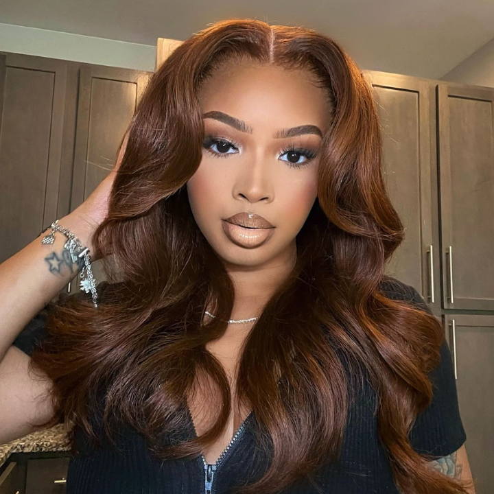 Chestnut Brown Loose Wave Human Hair Wigs with Curtain Bangs Glueless Lace Front Colored Wig - Bangjazz Hair