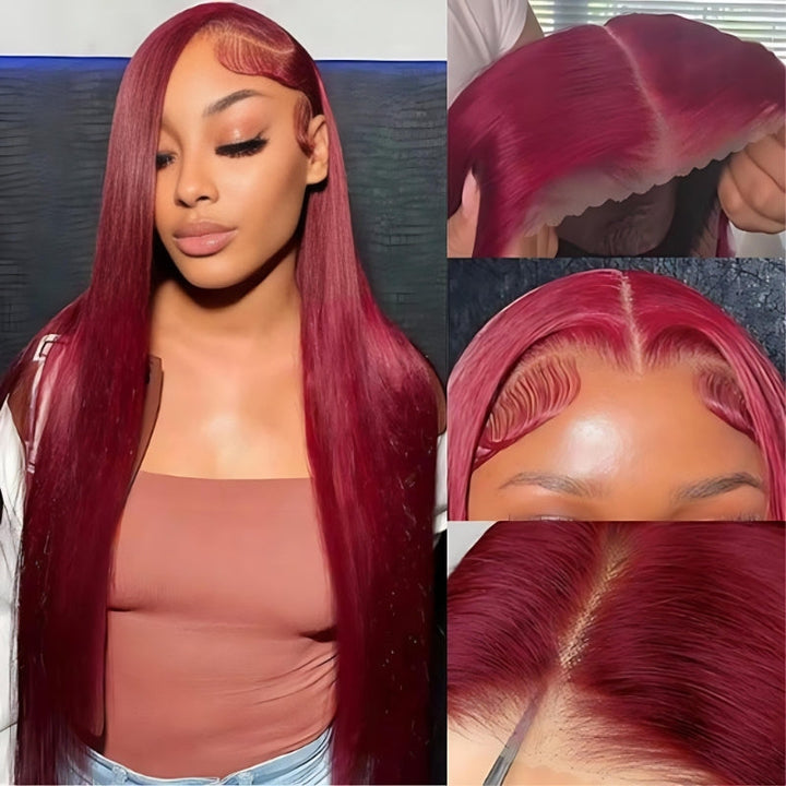 Straight Glueless 7x5 / 13x4 Lace Front Wig Pre Everything 99J Burgundy Red Colored Transparent Lace Human Hair Wigs- Bangjazz Hair