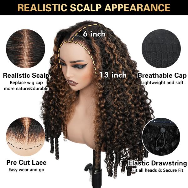 Bangjazz 13x6 Burmese Curly Ready To Wear Highlight Lace Front Wigs Human Hair for Beginners Pre Bleached 200 Density Drawstring Wig With Finger Coil Ends Pre Cut Lace For Women