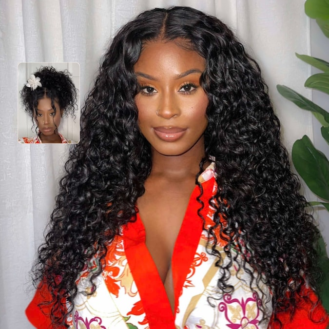 Glueless Water Wave &amp; Curly Natural Black Bouncy 13x4 Lace Frontal Transprent Lace Wig Beginner Friendly
