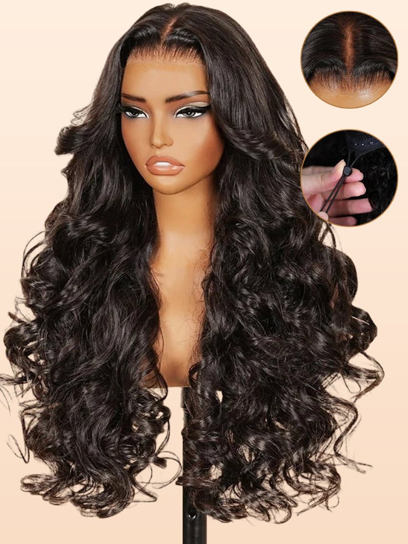 Double Drawn 3D Loose Wave Raw Human Hair Transparent Full Lace Front Glueless Wig with Curtain Bangs