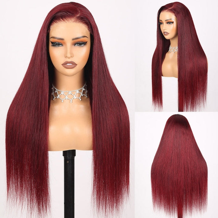 Straight Glueless 7x5 / 13x4 Lace Front Wig Pre Everything 99J Burgundy Red Colored Transparent Lace Human Hair Wigs- Bangjazz Hair