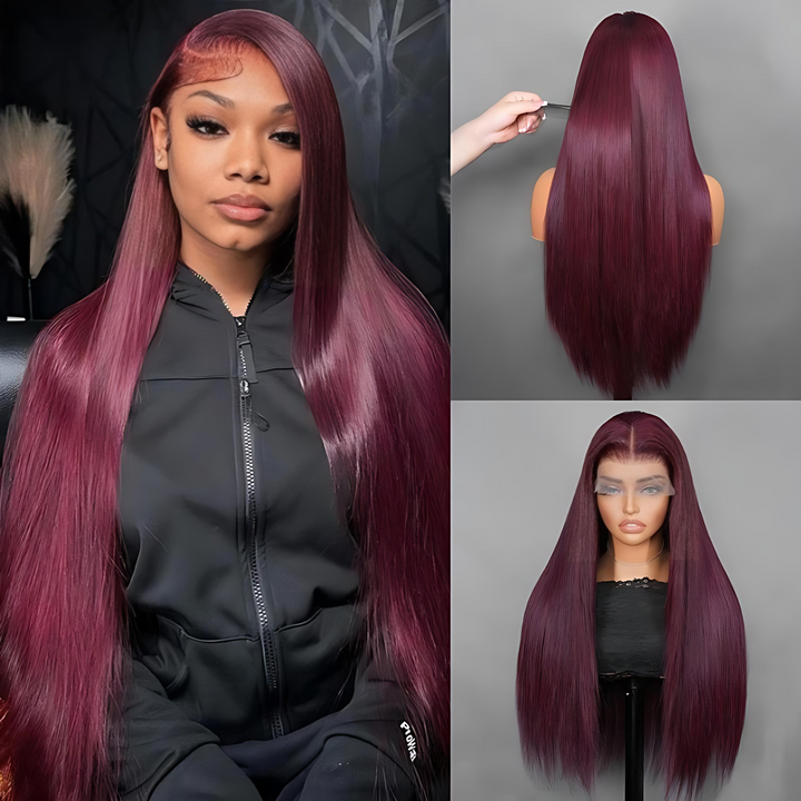 Straight 7x5 / 13x4 Lace Frontal Glueless Dark Purple Cherry Burgundy Wig Invisi Drawstring Human Hair Wigs-Bangjazz Hair