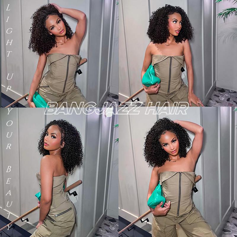 BANGJAZZ Short Kinky Curly Ready to Wear Glueless Wigs Pre Cut Lace Bleached Konts Closure Wigs Human Hair Wig 200% Density Lace Front Wigs Pre Plucked For Women