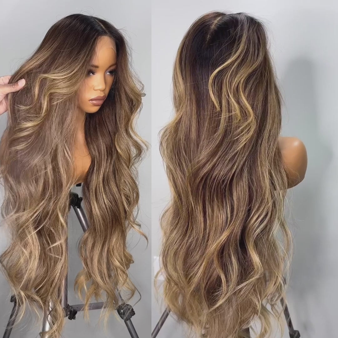 Bangjazz Highlight Honey Blonde Mix Brown Loose Wave Glueless 13x4 HD Transparent Pre Everything Lace Front Human Wigs