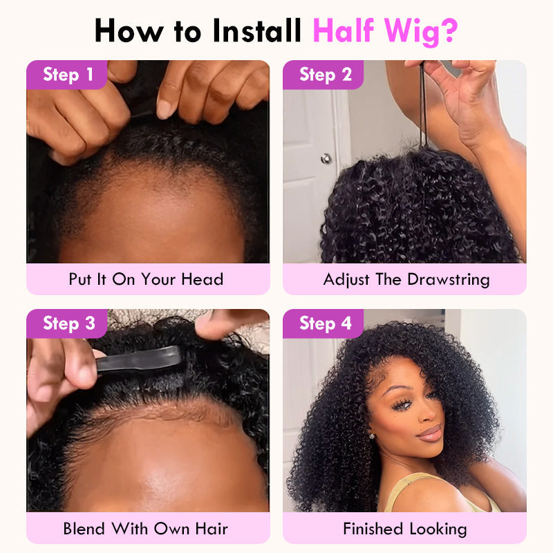 3 In 1 Half Wig | Kinky Curly Put On &amp; Go Invisible Drawstring Glueless Flip Over Half Wig Beginner Friendly