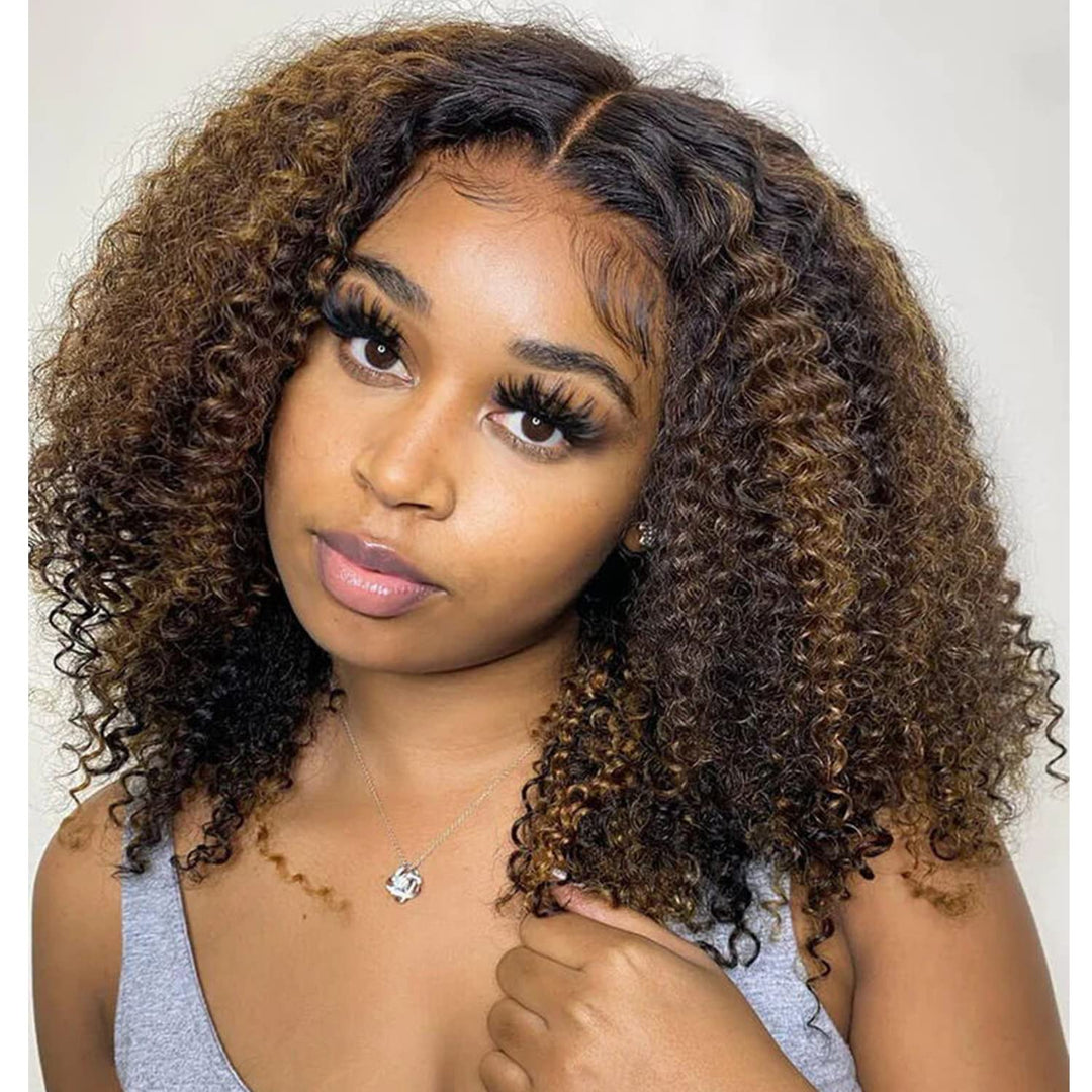 BANGJAZZ Short Kinky Curly Ready to Wear Glueless Wigs Pre Cut Lace Bleached Konts Closure Wigs Human Hair Wig 200% Density Lace Front Wigs Pre Plucked For Women