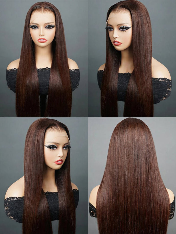 BangJazz Dark Brown Long Silk Double Drawn Straight Human Hair Wig Pre Bleached Knots 13X6 Lace Front Human Hair Wig Glueless Raw Human Hair