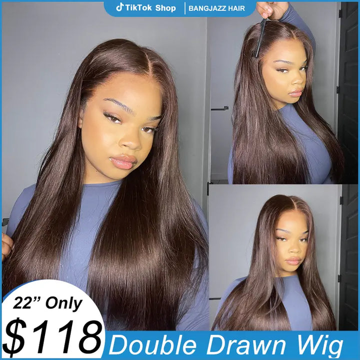 BangJazz Dark Brown Long Silk Double Drawn Straight Human Hair Wig Pre Bleached Knots 13X6 Lace Front Human Hair Wig Glueless Virgin Human Hair