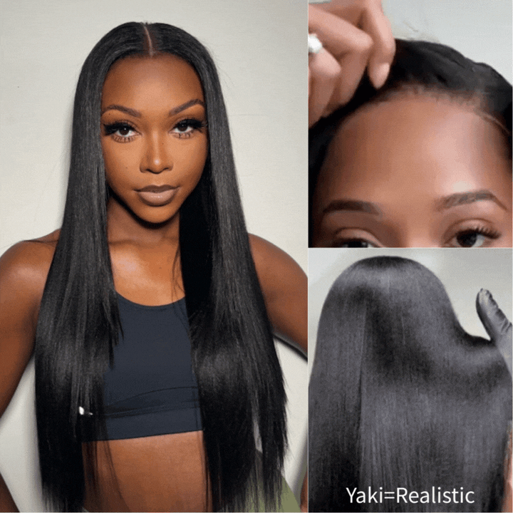 Yaki Straight 7x5 Glueless Lace Natural Black Color Put On and Go Invisi Drawstring Human Hair Wigs- Bangjazz Hair