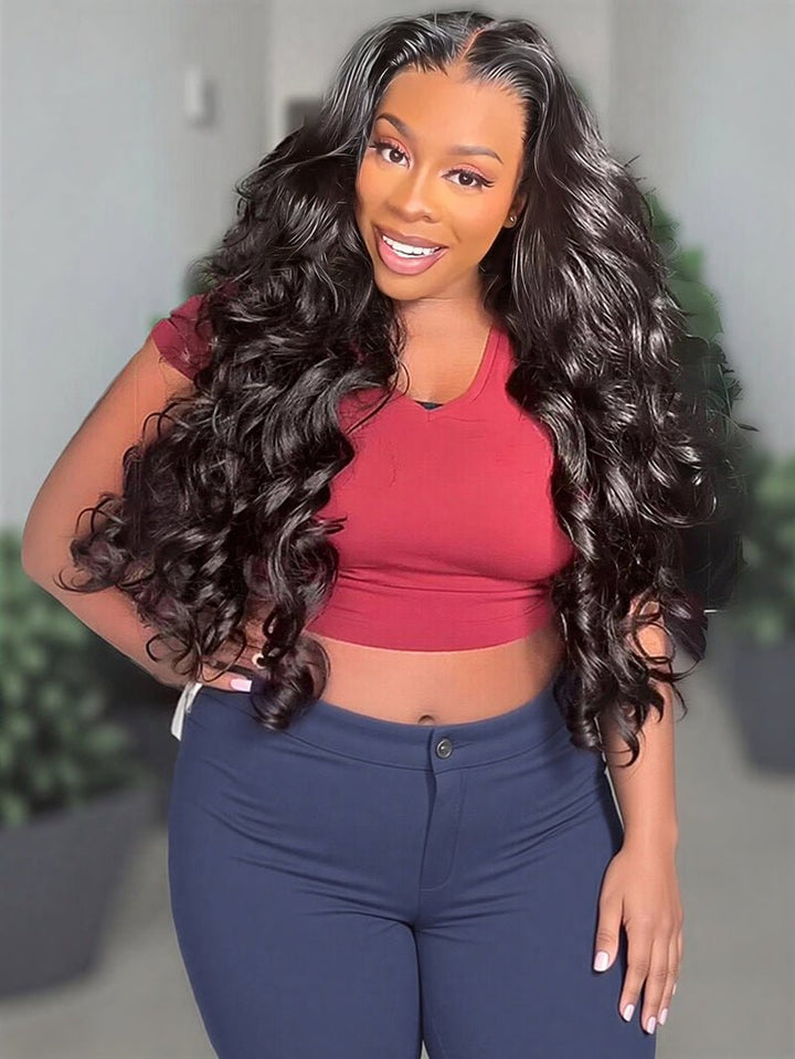Double Drawn 3D Loose Wave Raw Human Hair Transparent Full Lace Front Glueless Wig with Curtain Bangs