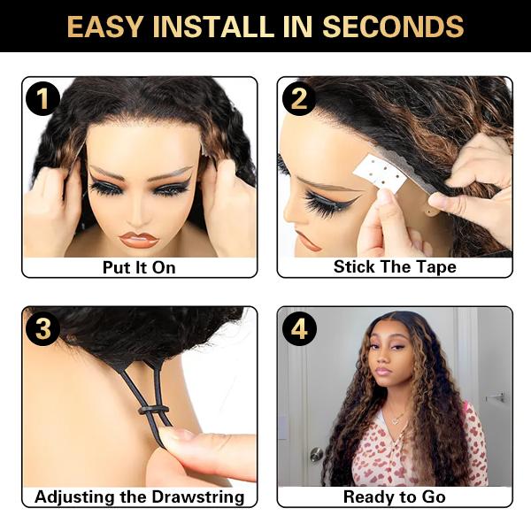 Bangjazz 13x6 Burmese Curly Ready To Wear Highlight Lace Front Wigs Human Hair for Beginners Pre Bleached 200 Density Drawstring Wig With Finger Coil Ends Pre Cut Lace For Women