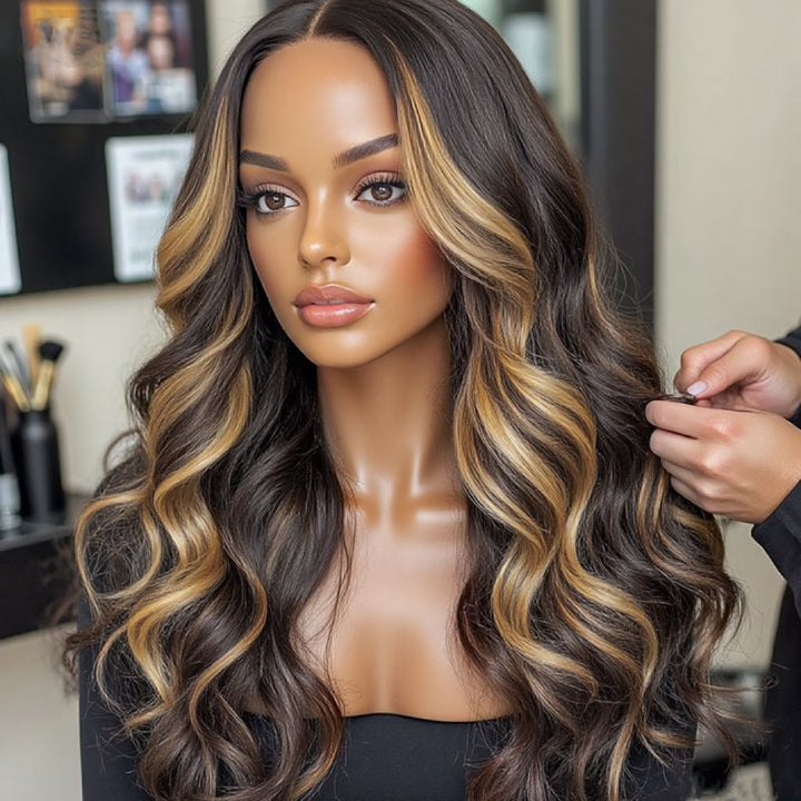 Human Hair Money Piece Highlight Blonde Body Wave Lace Front Color Wigs Highlight 1B/2713x4 HD Lace frontal Human Hair Wig-Bangjazz Hair