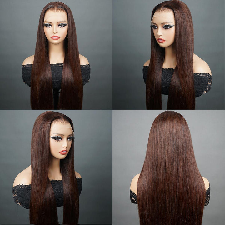 BangJazz Dark Brown Long Silk Double Drawn Straight Human Hair Wig Pre Bleached Knots 13X6 Lace Front Human Hair Wig Glueless Virgin Human Hair
