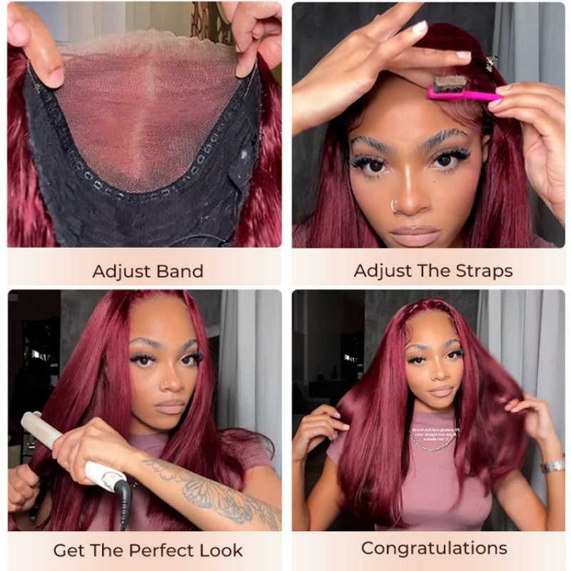 Straight Glueless 7x5 / 13x4 Lace Front Wig Pre Everything 99J Burgundy Red Colored Transparent Lace Human Hair Wigs- Bangjazz Hair