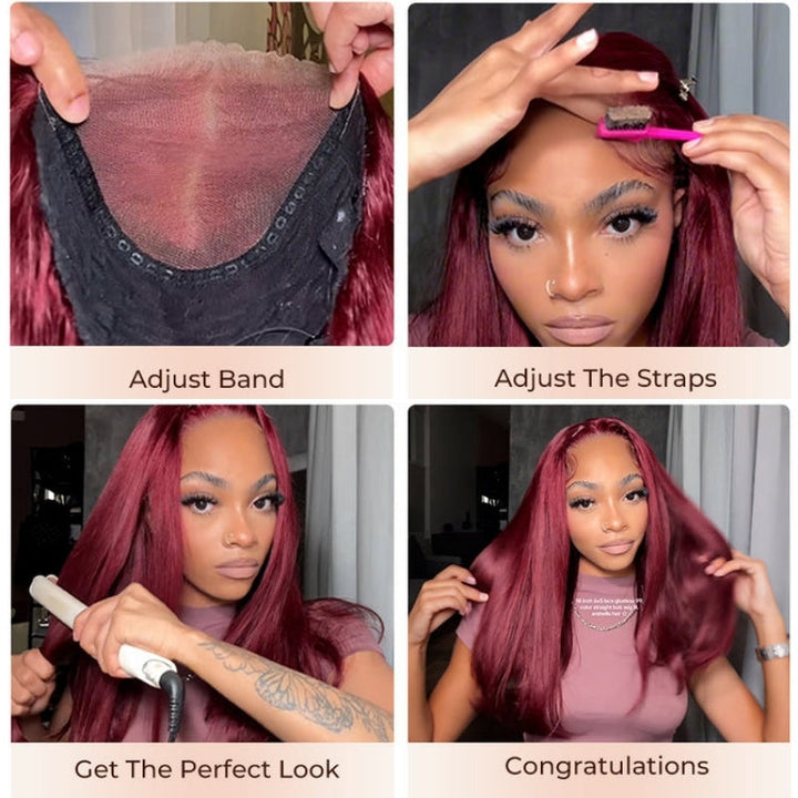 Straight Glueless 7x5 / 13x4 Lace Front Wig Pre Everything 99J Burgundy Red Colored Transparent Lace Human Hair Wigs- Bangjazz Hair
