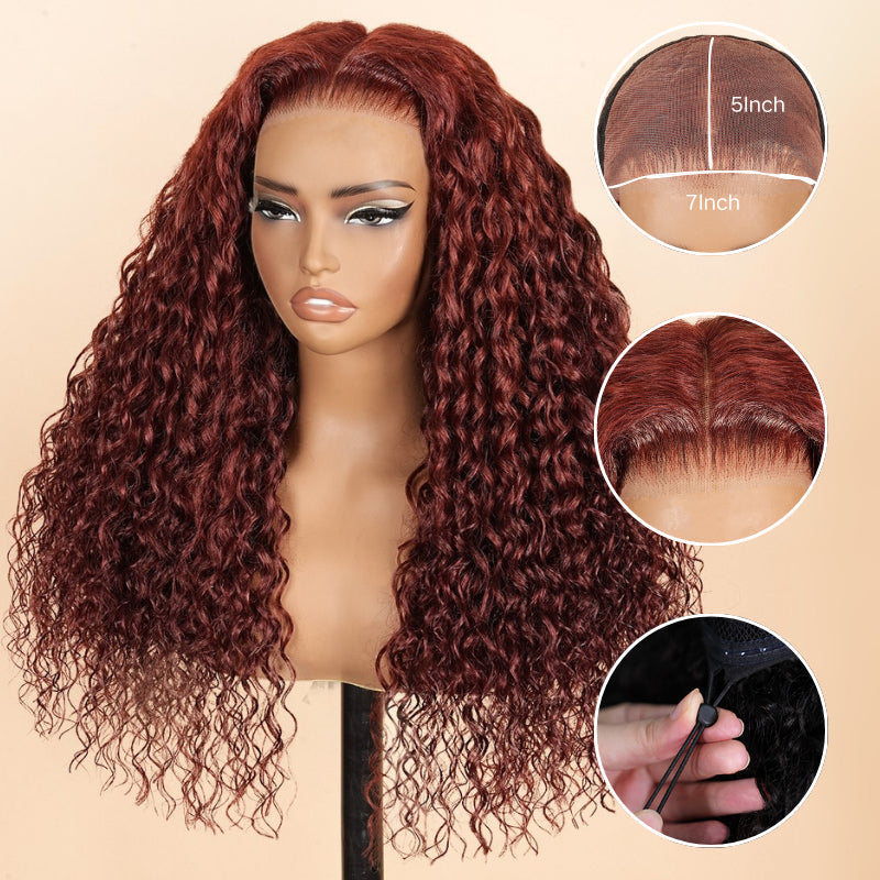 Glueless Water Wave Reddish Brown 7x5 Lace / 13x4 Lace Front Wigs Dark Auburn Colored Human Hair Wig-Bangjazz Hair