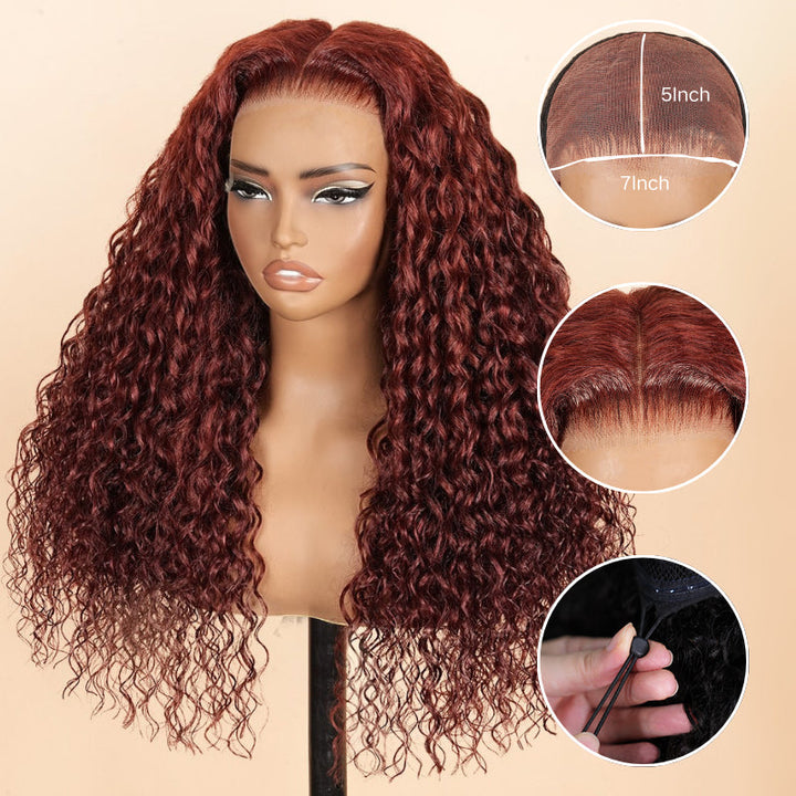 Glueless Water Wave Reddish Brown 7x5 Lace / 13x4 Lace Front Wigs Dark Auburn Colored Human Hair Wig-Bangjazz Hair