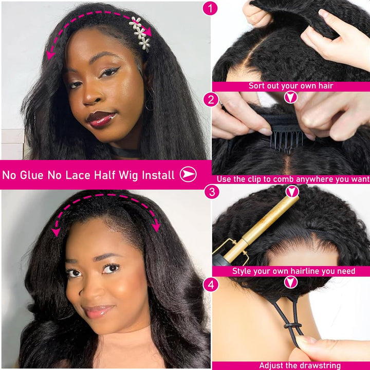 Bangjazz Half Wig With Drawstring Invisible Hairline Seamless Flip Over Wig Glueless Human Wigs Beginner Friendly