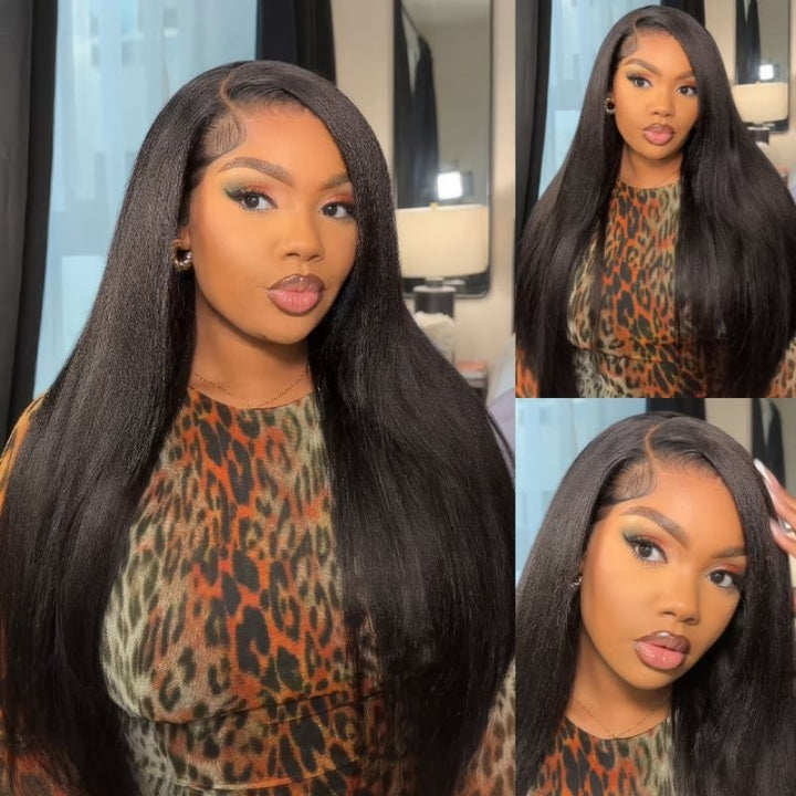 Yaki Straight 7x5 Glueless Lace Natural Black Color Put On and Go Invisi Drawstring Human Hair Wigs- Bangjazz Hair