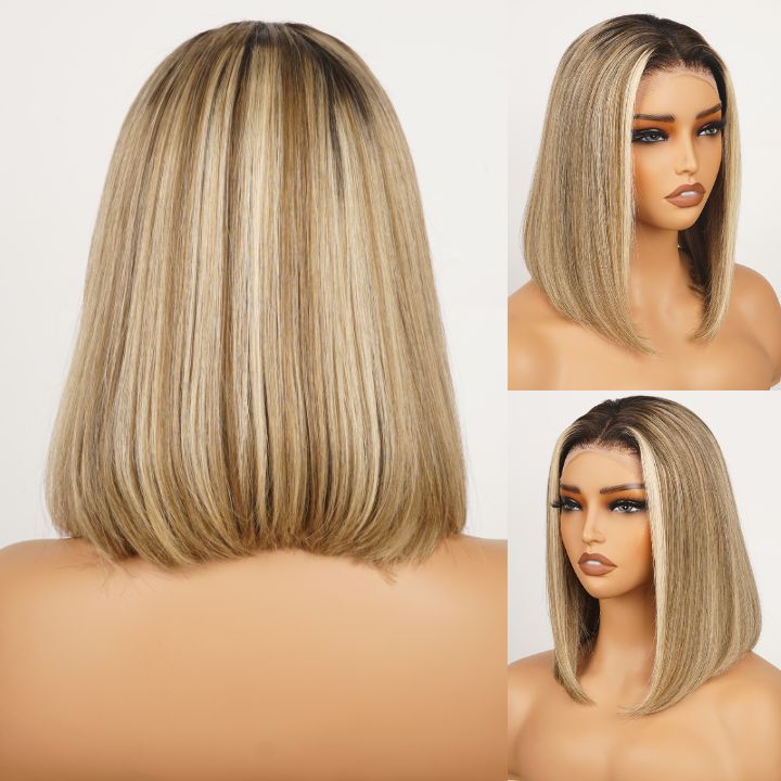 Ombre Ash Blonde Straight Short Bob 180% Density Transparent Lace Frontal Glueless Wigs -Bangjazz Hair