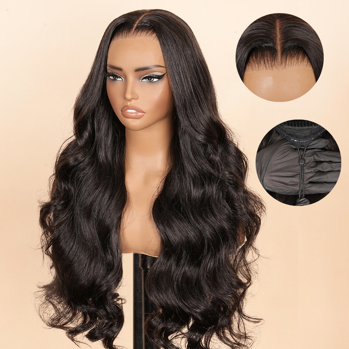 300% Density Glueless 3D Body Wave 7x5 / 13x4 HD Transparent Lace Pull And Go Invisible Drawstring Human Hair Wigs With Natural Hairline-Bangjazz Hair