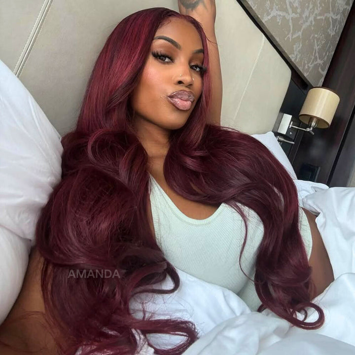Glueless 7x5 / 13x4 Full Lace Frontal Dark 99J Burgundy Red Colored 3D Body Wave HD Transparent Lace Human Hair Wigs