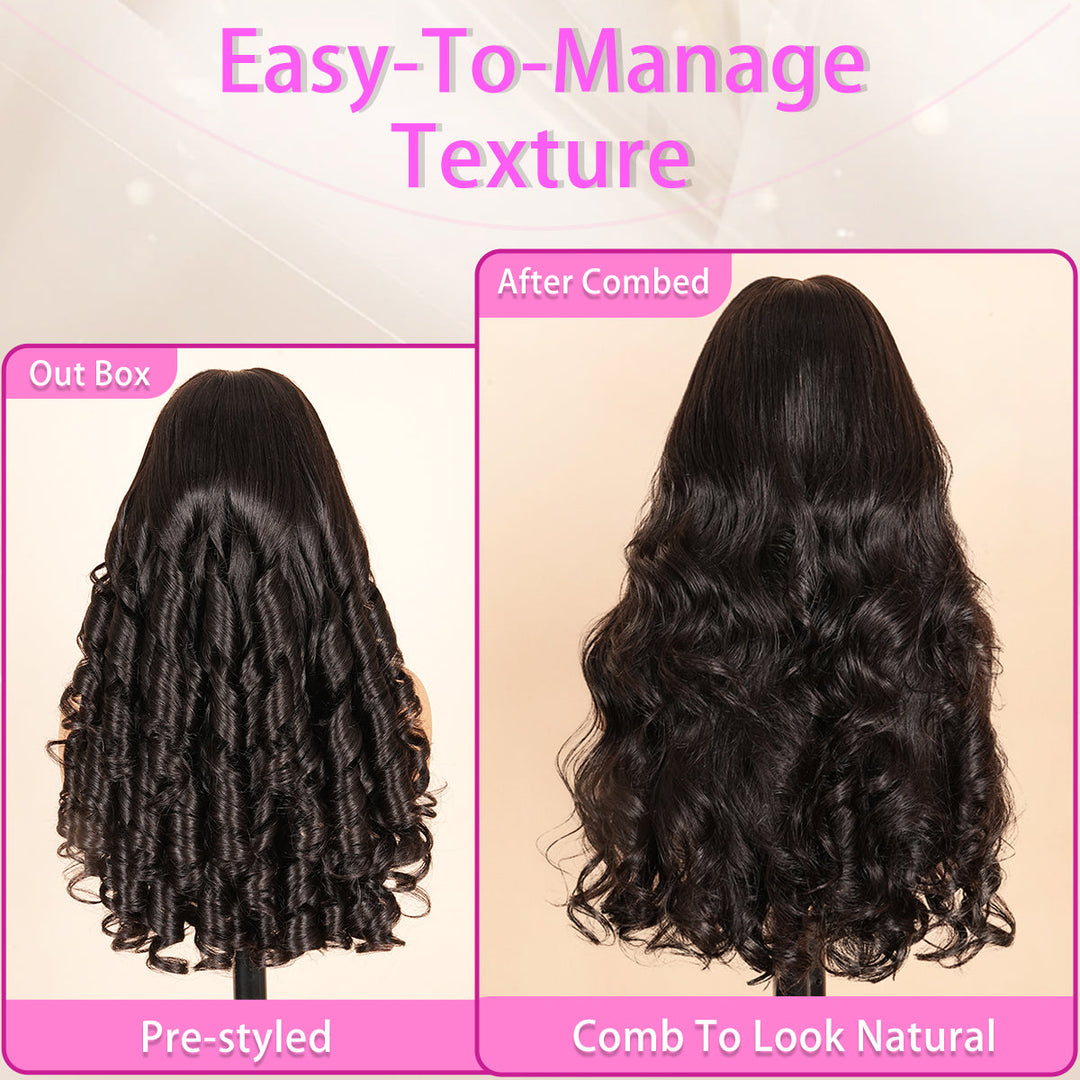 300% Density Glueless 3D Body Wave 7x5 / 13x4 HD Transparent Lace Pull And Go Invisible Drawstring Human Hair Wigs With Natural Hairline-Bangjazz Hair