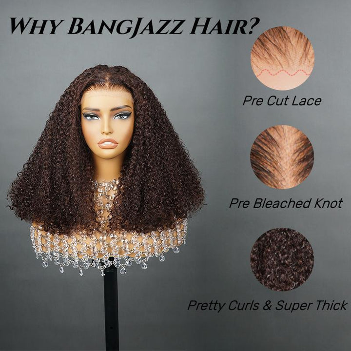 BANGJAZZ Short Kinky Curly Ready to Wear Glueless Wigs Pre Cut Lace Bleached Konts Closure Wigs Human Hair Wig 200% Density Lace Front Wigs Pre Plucked For Women