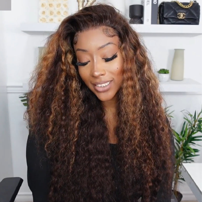 300% Density Bold Bounce Glueless Water Wave Highlight Blonde Color 13x4 HD Transparent Lace Front Wigs-Bangjazz Hair