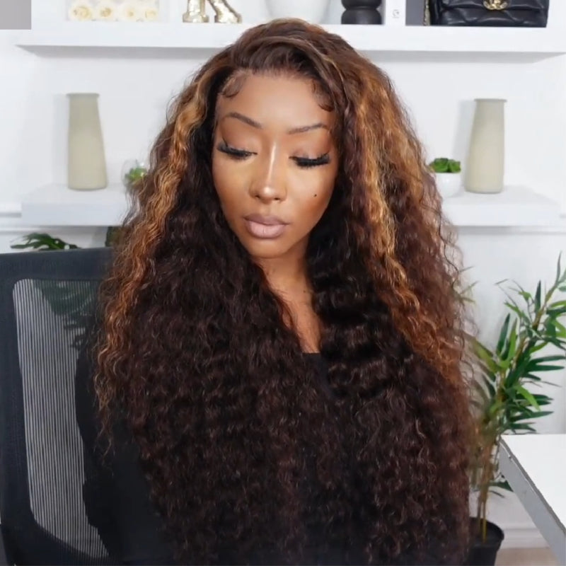 300% Density Bold Bounce Glueless Water Wave Highlight Blonde Color 13x4 HD Transparent Lace Front Wigs-Bangjazz Hair