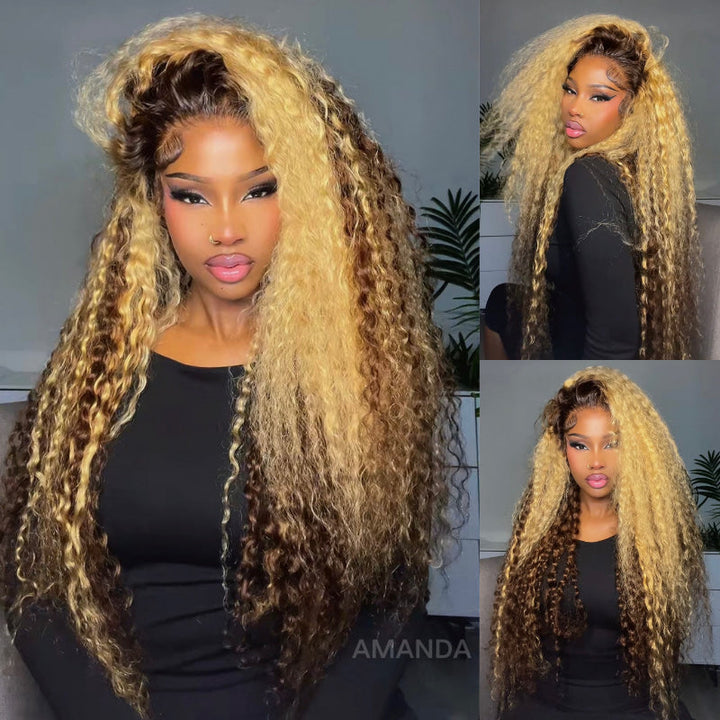 Highlight Color Honey Blonde Curly HD Transparent Full Lace Front Wig With Brown Roots- Bangjazz Hair