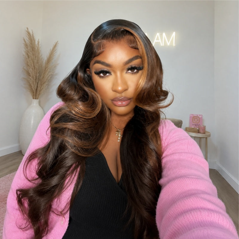 300% Density Glueless 3D Body Wave Highlight Balayage Brown 13x4 Transparent HD Full Lace Put On And Go Human Hair Wig