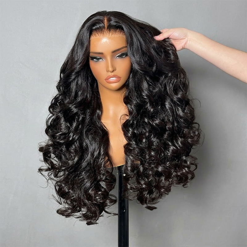 Double Drawn 3D Loose Wave Virgin Human Hair Transparent Full Lace Front Glueless Wig with Curtain Bangs