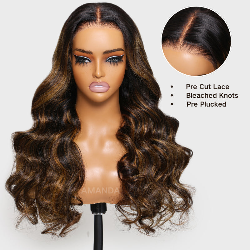 300% Density Glueless 3D Body Wave Highlight Balayage Brown 13x4 Transparent HD Full Lace Put On And Go Human Hair Wig
