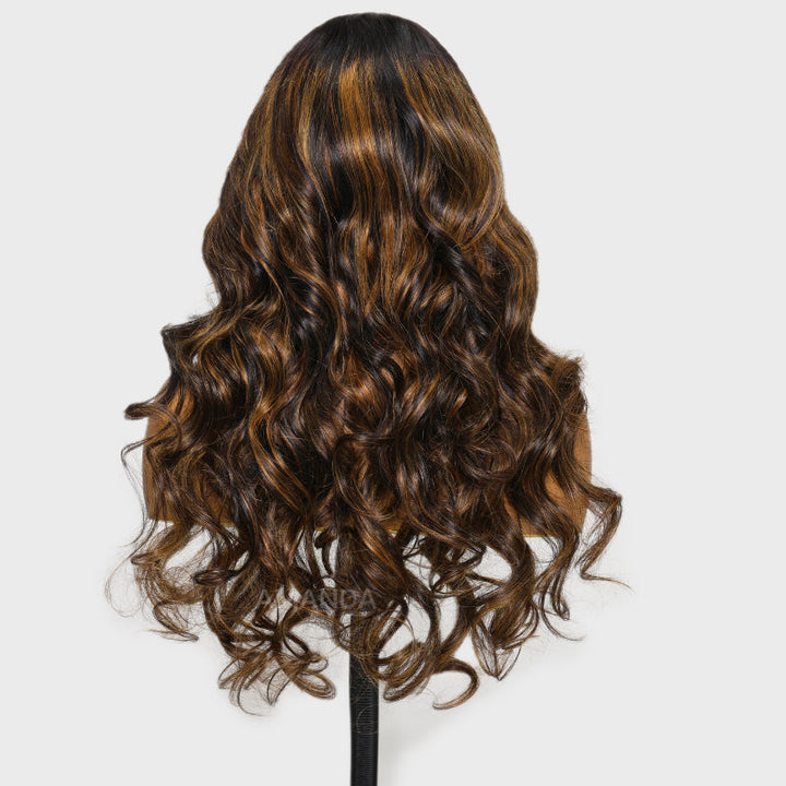 300% Density Glueless 3D Body Wave Highlight Balayage Brown 13x4 Transparent HD Full Lace Put On And Go Human Hair Wig