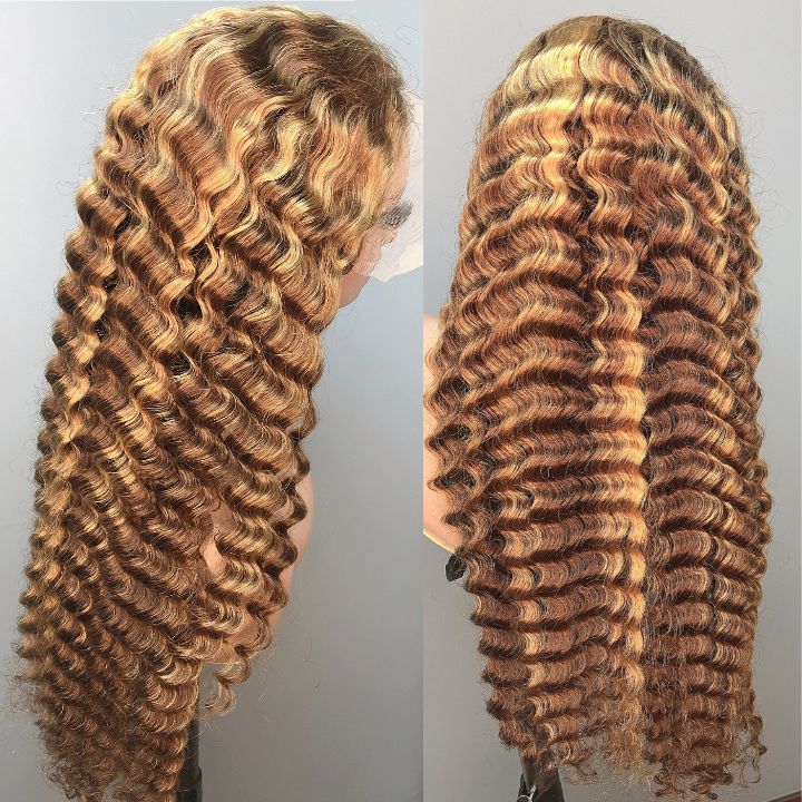 Glueless Loose Deep Wave Wigs Natural Color &amp; Highlight Blonde Virgin Human Hair Clear Transparent Lace Front Wig Pre Plucked Hairline 180% Density - Bangjazz Hair